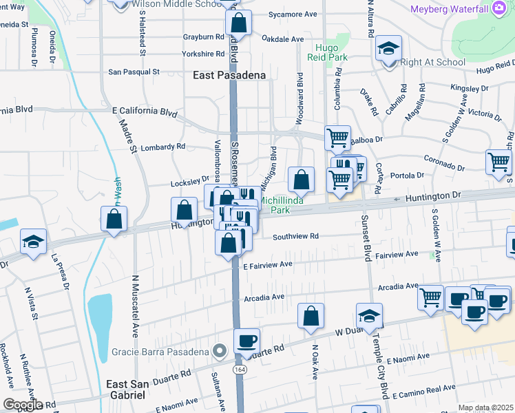 map of restaurants, bars, coffee shops, grocery stores, and more near 3705 Huntington Drive in Pasadena