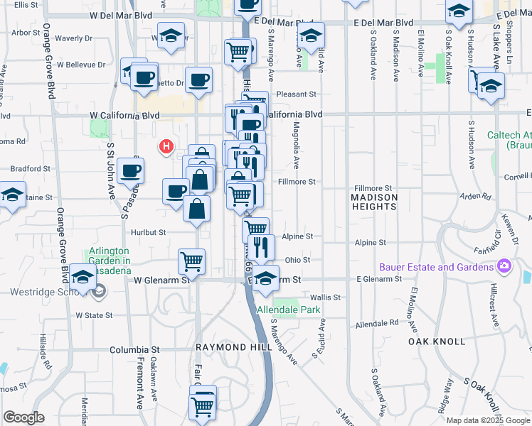 map of restaurants, bars, coffee shops, grocery stores, and more near 881 South Marengo Avenue in Pasadena
