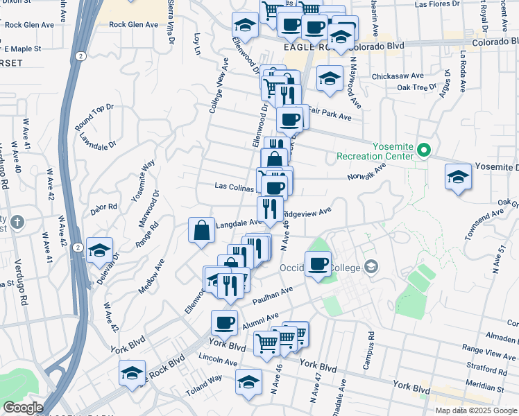 map of restaurants, bars, coffee shops, grocery stores, and more near 2339 Ridgeview Avenue in Los Angeles