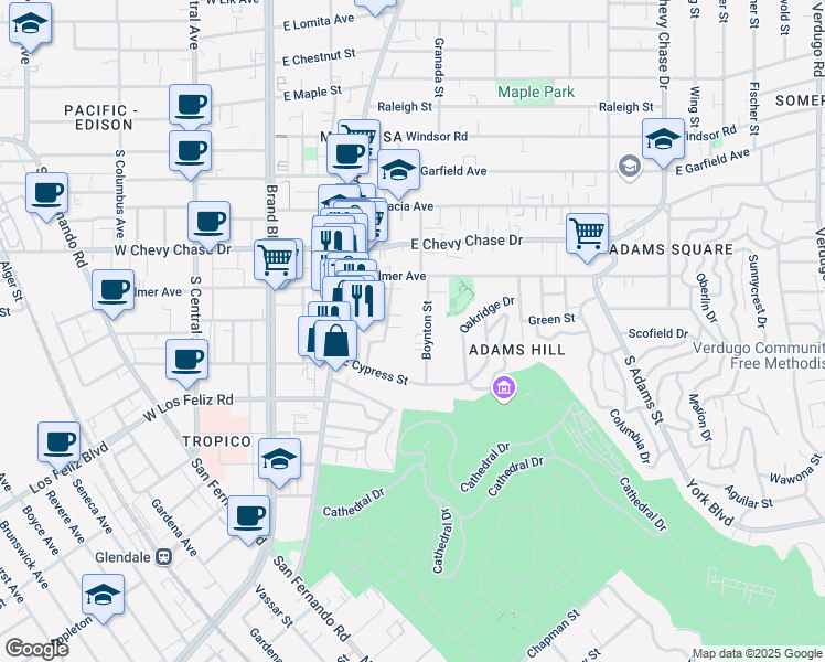 map of restaurants, bars, coffee shops, grocery stores, and more near 1241 Boynton Street in Glendale