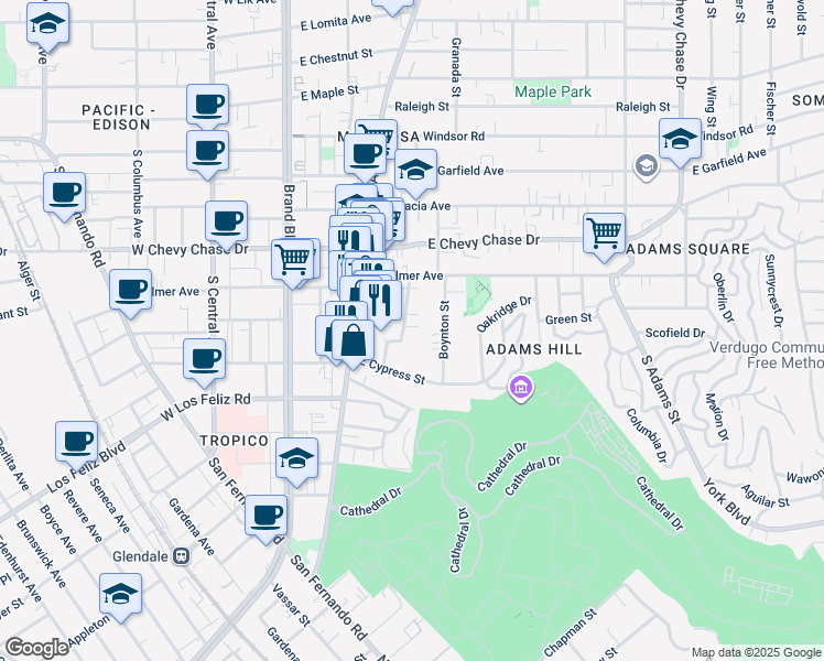map of restaurants, bars, coffee shops, grocery stores, and more near 1241 Boynton Street in Glendale
