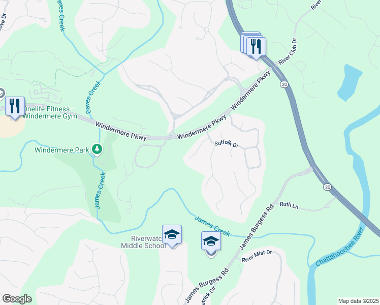 map of restaurants, bars, coffee shops, grocery stores, and more near 3060 Salisbury Lane in Cumming