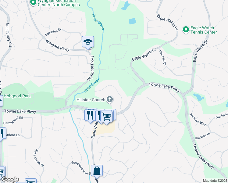 map of restaurants, bars, coffee shops, grocery stores, and more near 1031 Olde Towne Lane in Woodstock