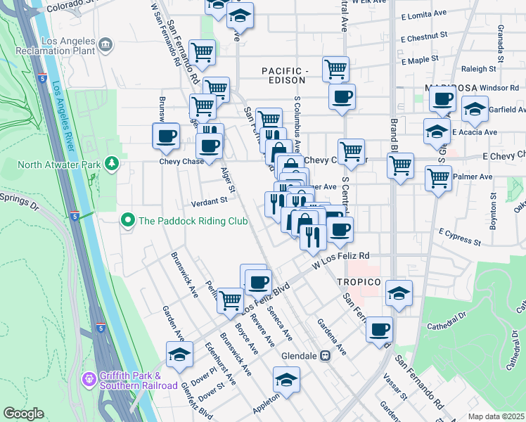 map of restaurants, bars, coffee shops, grocery stores, and more near 1242 Los Angeles Street in Glendale