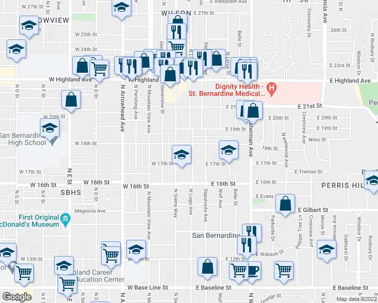 map of restaurants, bars, coffee shops, grocery stores, and more near 1762 North Lugo Avenue in San Bernardino
