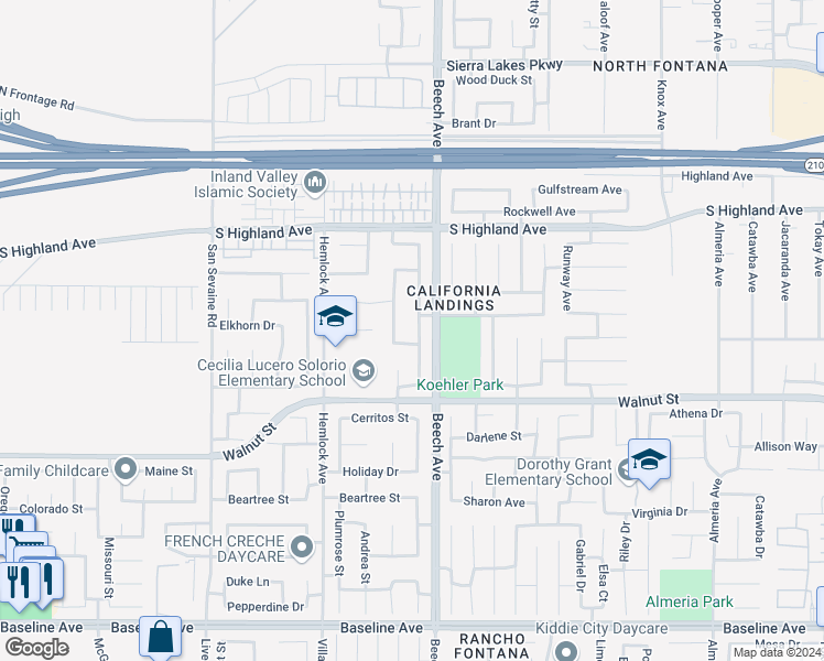 map of restaurants, bars, coffee shops, grocery stores, and more near 6776 Earhart Avenue in Fontana