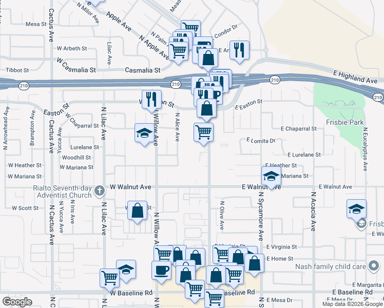 map of restaurants, bars, coffee shops, grocery stores, and more near 186 West Walnut Avenue in Rialto