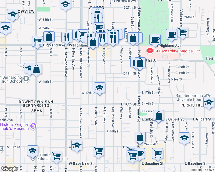 map of restaurants, bars, coffee shops, grocery stores, and more near 1761 North Lugo Avenue in San Bernardino