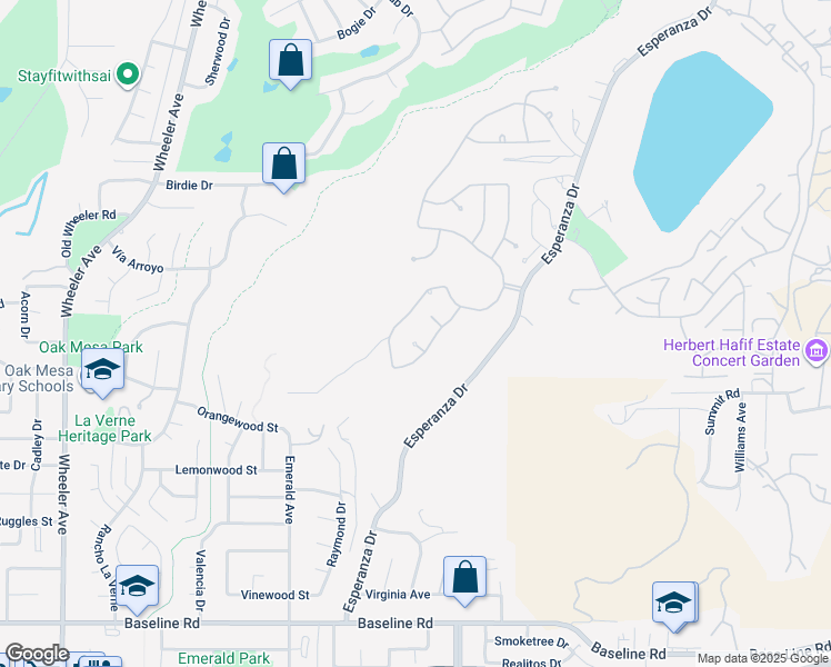map of restaurants, bars, coffee shops, grocery stores, and more near 2235 Oak Knoll Circle in La Verne