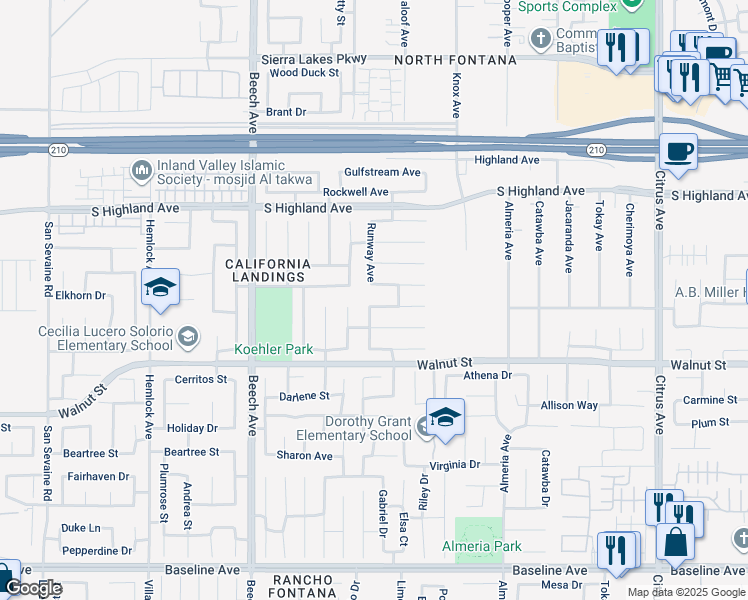 map of restaurants, bars, coffee shops, grocery stores, and more near 15542 Northwind Avenue in Fontana