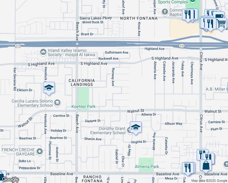 map of restaurants, bars, coffee shops, grocery stores, and more near 15542 Northwind Avenue in Fontana