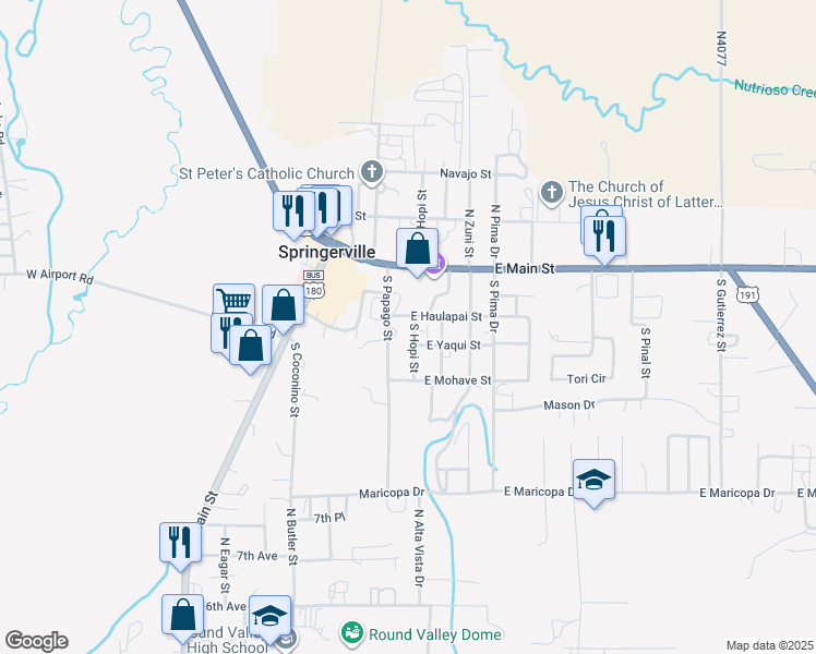 map of restaurants, bars, coffee shops, grocery stores, and more near 117 South Hopi Street in Springerville