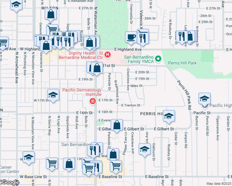 map of restaurants, bars, coffee shops, grocery stores, and more near 397 18th Street in San Bernardino