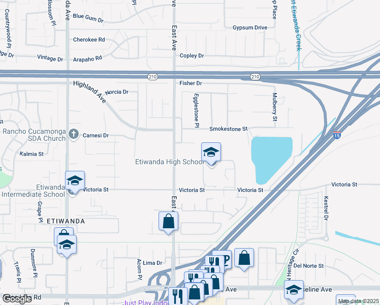 map of restaurants, bars, coffee shops, grocery stores, and more near 6737 East Avenue in Rancho Cucamonga