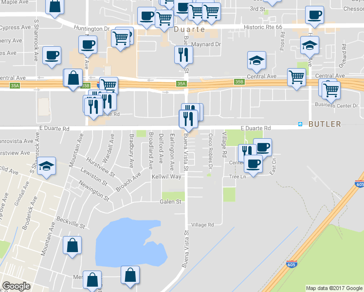 map of restaurants, bars, coffee shops, grocery stores, and more near 1843 Buena Vista Street in Duarte