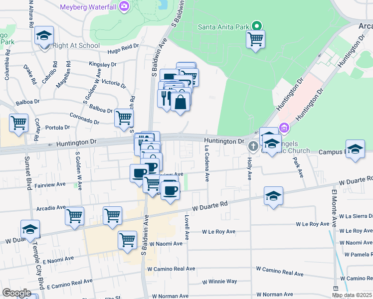 map of restaurants, bars, coffee shops, grocery stores, and more near 592 West Huntington Drive in Arcadia