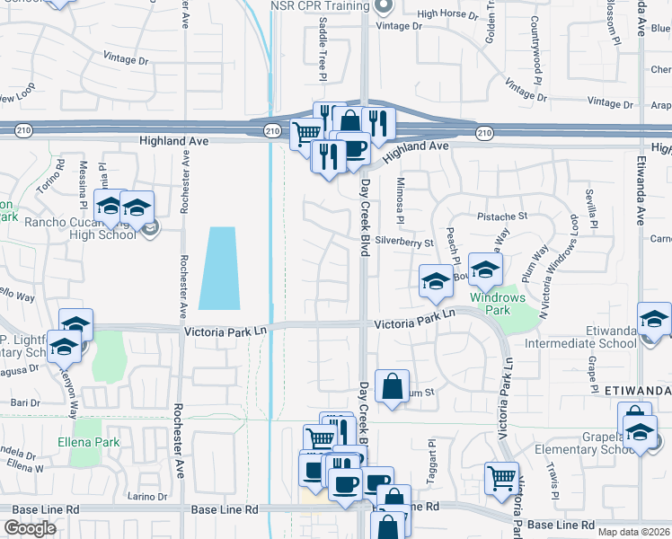 map of restaurants, bars, coffee shops, grocery stores, and more near 12239 Piccadilly Court in Rancho Cucamonga