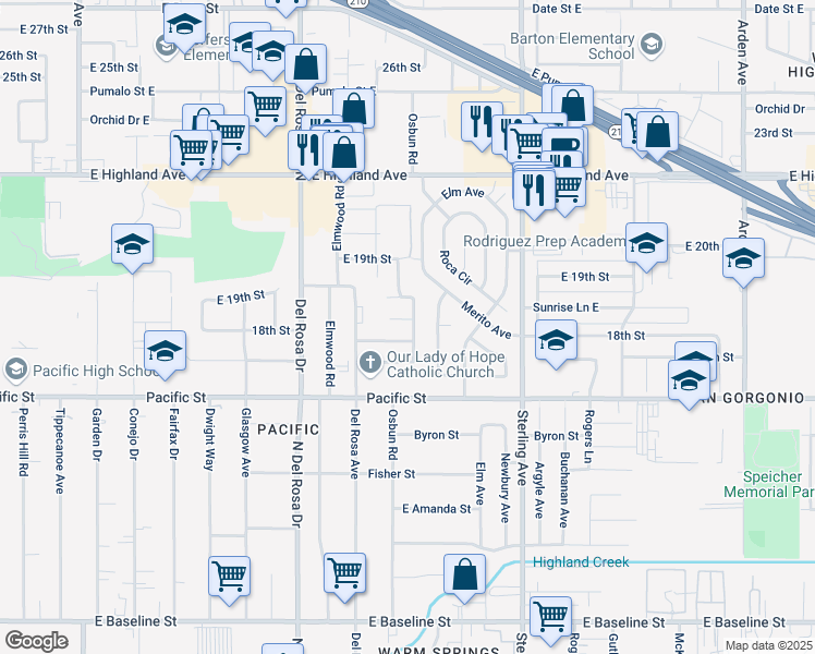 map of restaurants, bars, coffee shops, grocery stores, and more near 25593 Cross Street in San Bernardino
