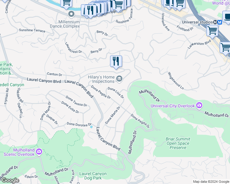 map of restaurants, bars, coffee shops, grocery stores, and more near 11310 Dona Lisa Drive in Los Angeles