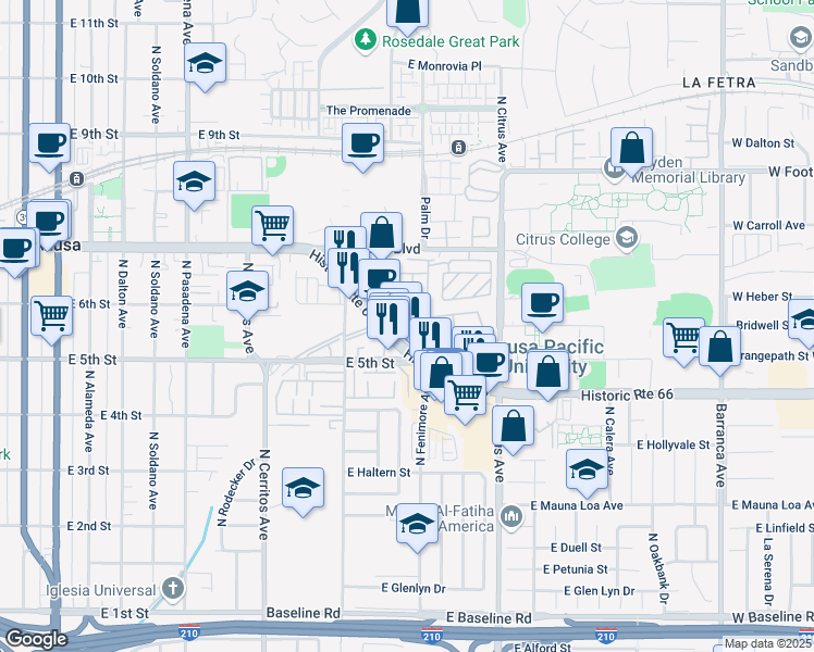 map of restaurants, bars, coffee shops, grocery stores, and more near 777 East Alosta Avenue in Azusa