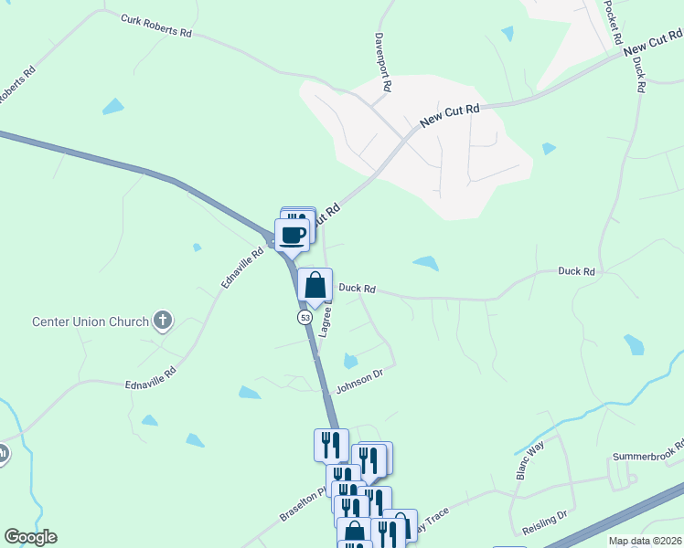 map of restaurants, bars, coffee shops, grocery stores, and more near 21 Duck Road in Braselton