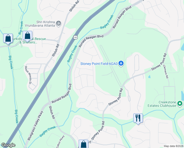 map of restaurants, bars, coffee shops, grocery stores, and more near 2515 Monet Drive in Cumming
