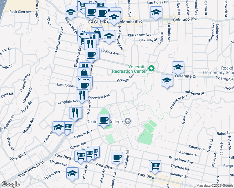 map of restaurants, bars, coffee shops, grocery stores, and more near 2033 Ridgeview Avenue in Los Angeles