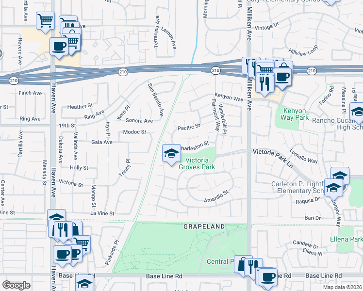 map of restaurants, bars, coffee shops, grocery stores, and more near 11024 Charleston Street in Rancho Cucamonga