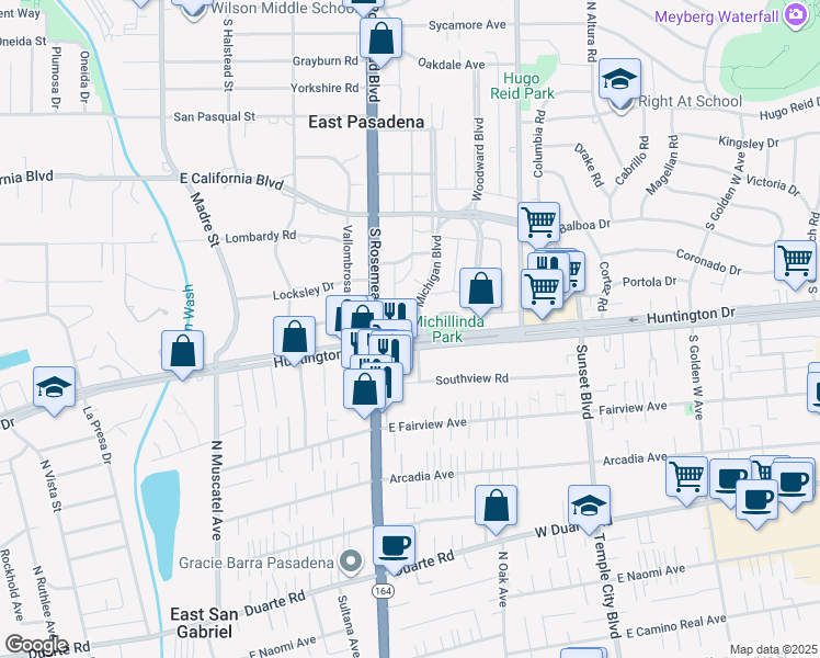 map of restaurants, bars, coffee shops, grocery stores, and more near 879 Michigan Boulevard in Pasadena