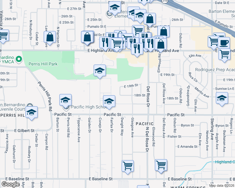 map of restaurants, bars, coffee shops, grocery stores, and more near 6776 Dwight Way in San Bernardino