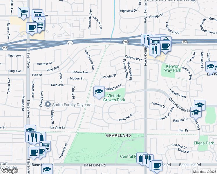 map of restaurants, bars, coffee shops, grocery stores, and more near 11048 Charleston Street in Rancho Cucamonga