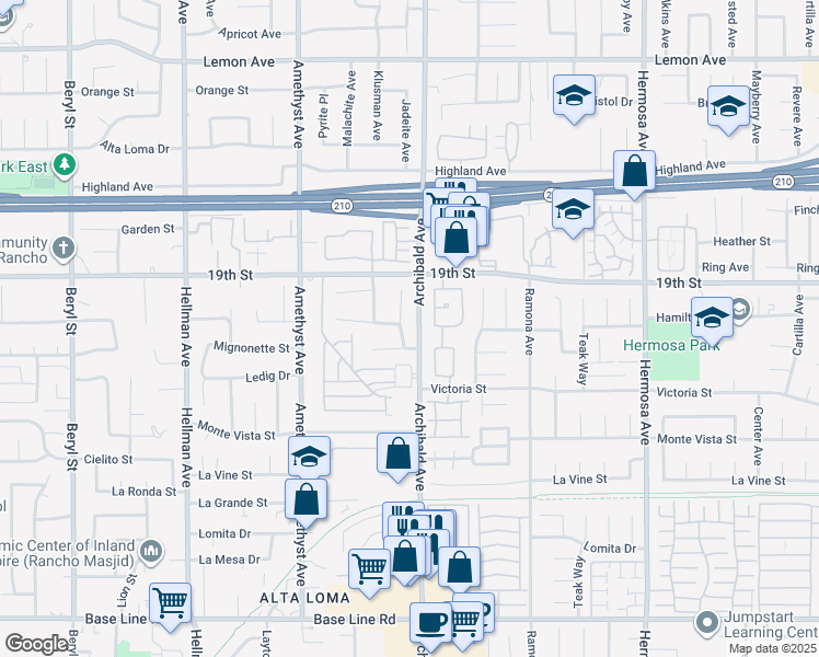 map of restaurants, bars, coffee shops, grocery stores, and more near 6795 Jadeite Avenue in Rancho Cucamonga