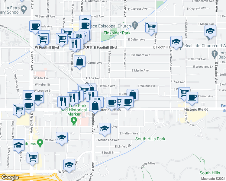 map of restaurants, bars, coffee shops, grocery stores, and more near 418 South Minnesota Avenue in Glendora