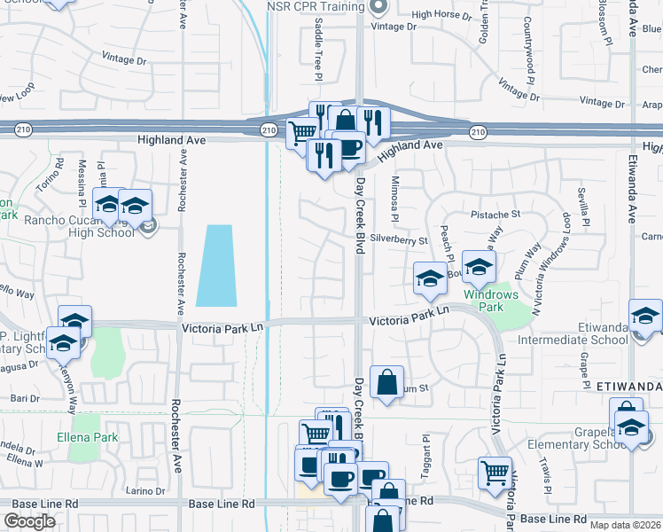 map of restaurants, bars, coffee shops, grocery stores, and more near 12239 Piccadilly Court in Rancho Cucamonga