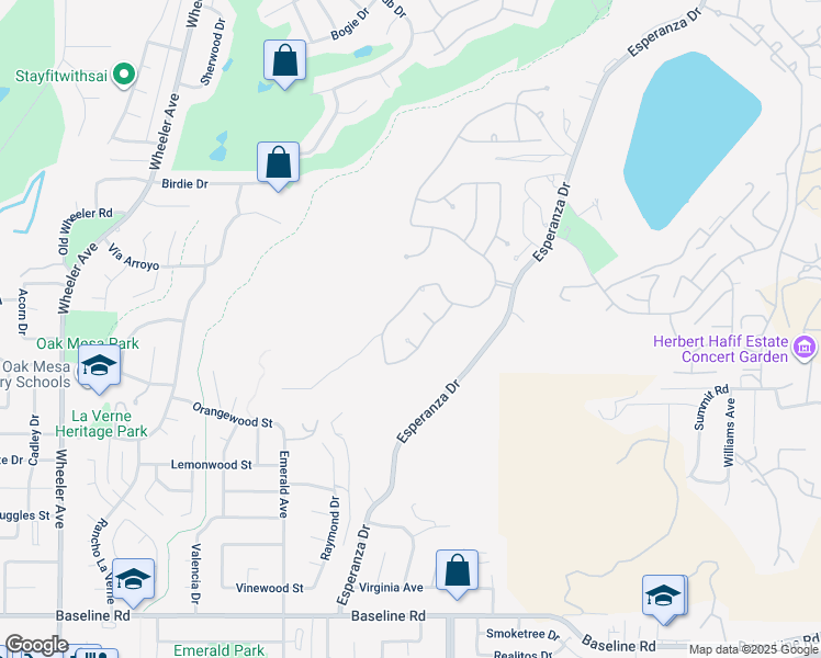 map of restaurants, bars, coffee shops, grocery stores, and more near 2235 Oak Knoll Circle in La Verne