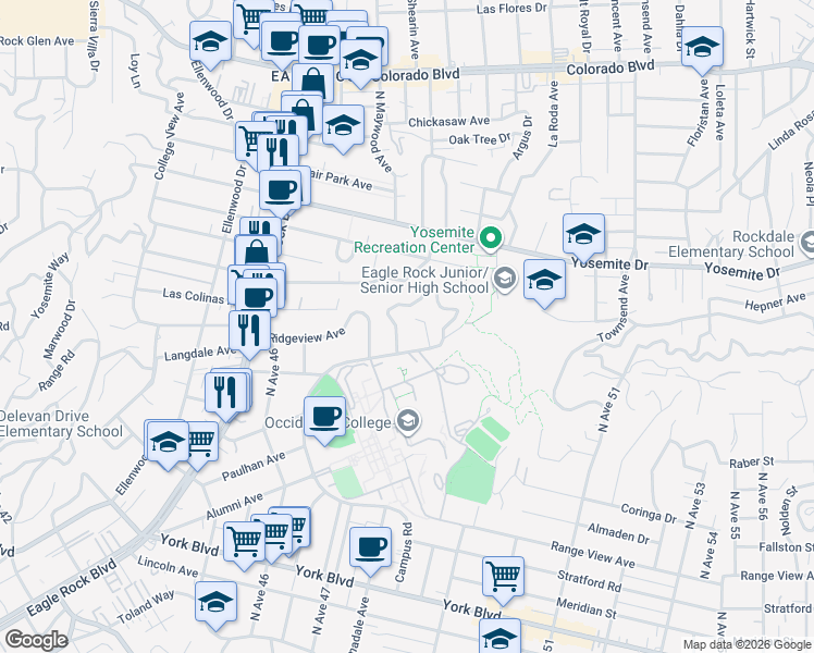 map of restaurants, bars, coffee shops, grocery stores, and more near 2064 Escarpa Drive in Los Angeles