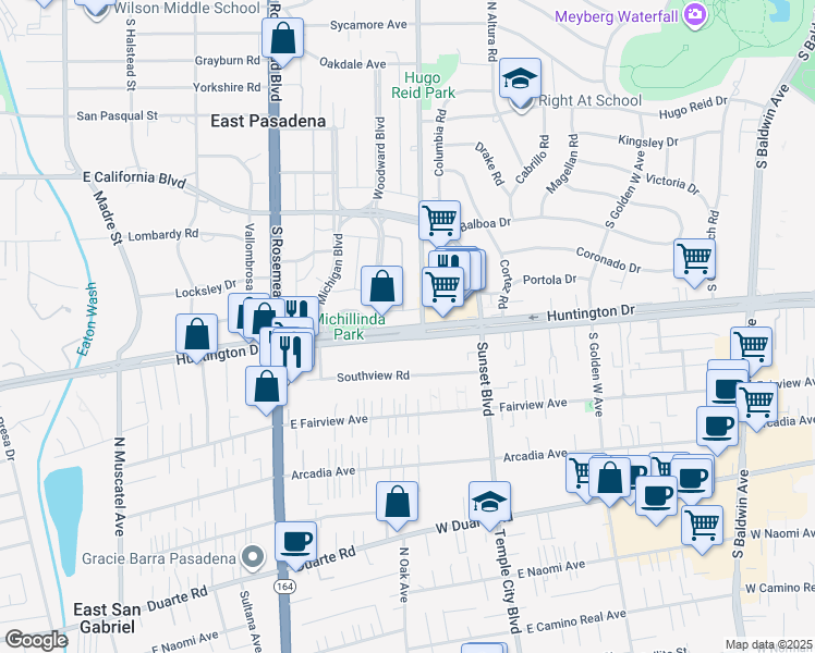map of restaurants, bars, coffee shops, grocery stores, and more near 1215 West Huntington Drive in Arcadia