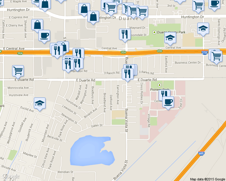 map of restaurants, bars, coffee shops, grocery stores, and more near 1842 Delford Avenue in Duarte