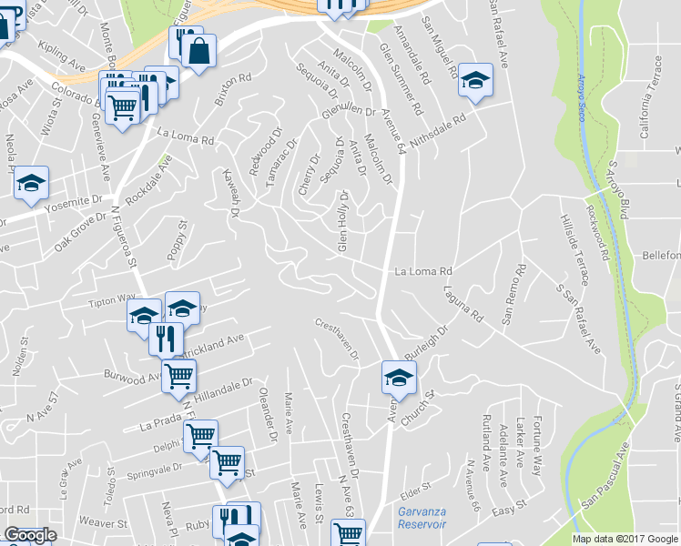 map of restaurants, bars, coffee shops, grocery stores, and more near 1535 Poppy Peak Drive in Pasadena