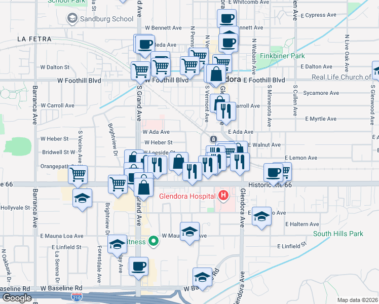 map of restaurants, bars, coffee shops, grocery stores, and more near 348 South Pennsylvania Avenue in Glendora