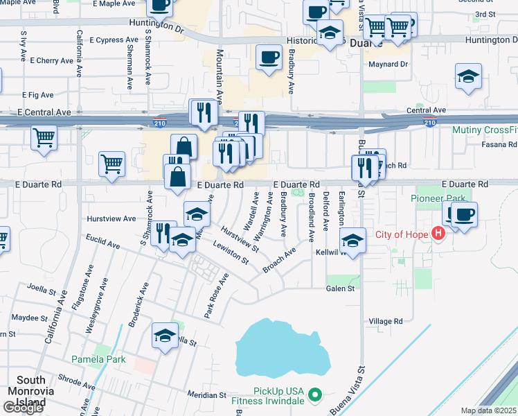 map of restaurants, bars, coffee shops, grocery stores, and more near 1838 Wardell Avenue in Duarte