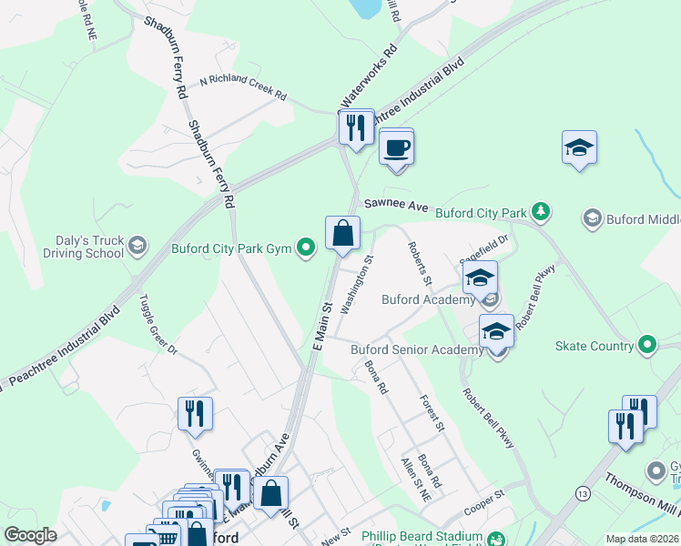 map of restaurants, bars, coffee shops, grocery stores, and more near 585 Sawnee Avenue in Buford