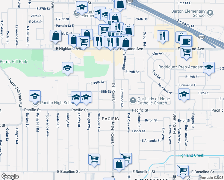 map of restaurants, bars, coffee shops, grocery stores, and more near 6769 Del Rosa Drive in San Bernardino