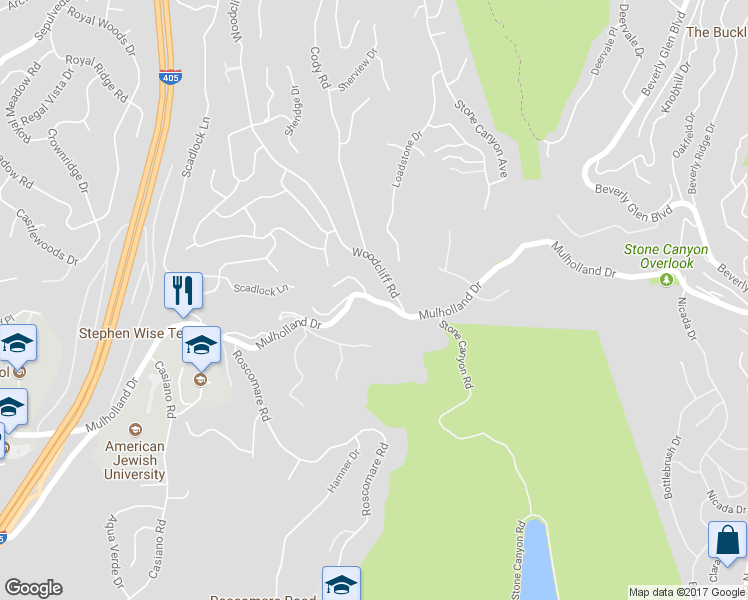 map of restaurants, bars, coffee shops, grocery stores, and more near 15150 Mulholland Drive in Los Angeles