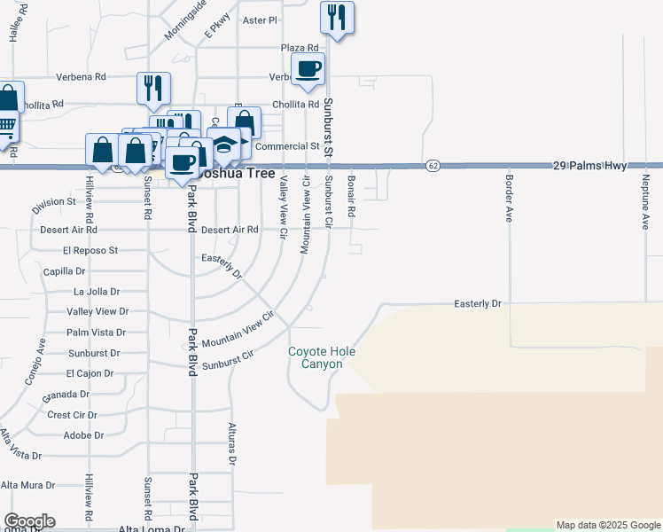 map of restaurants, bars, coffee shops, grocery stores, and more near 61979 Sunburst Circle in Joshua Tree
