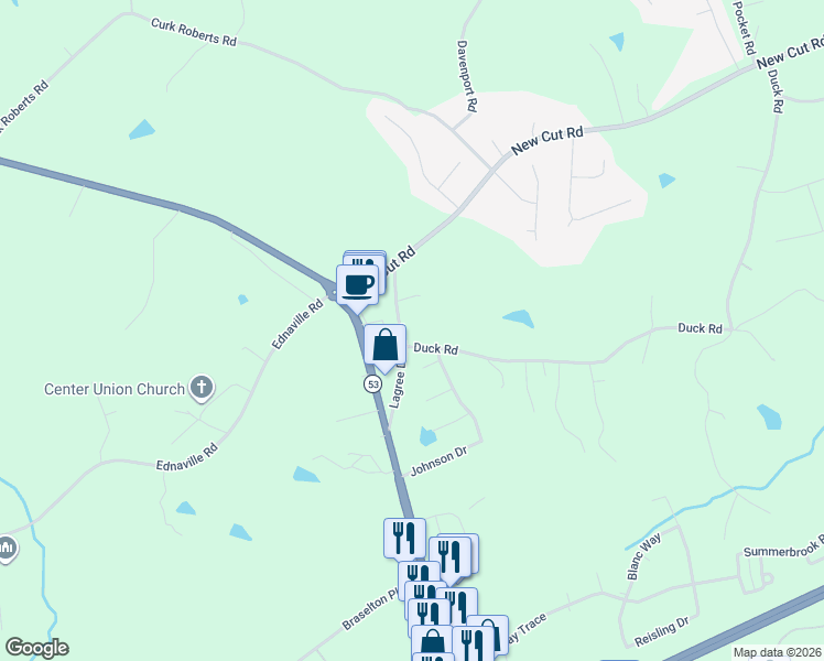 map of restaurants, bars, coffee shops, grocery stores, and more near 21 Duck Road in Braselton