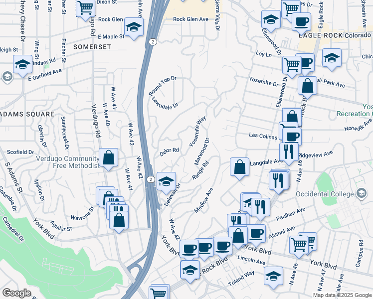 map of restaurants, bars, coffee shops, grocery stores, and more near 4425 Yosemite Way in Los Angeles