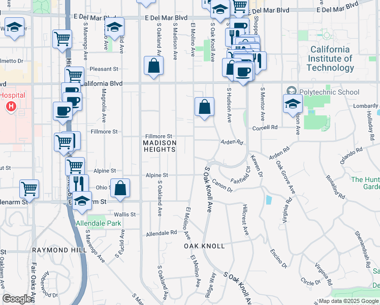 map of restaurants, bars, coffee shops, grocery stores, and more near 865 South El Molino Avenue in Pasadena