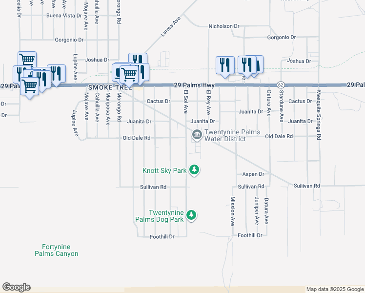 map of restaurants, bars, coffee shops, grocery stores, and more near 6732 El Sol Avenue in Twentynine Palms