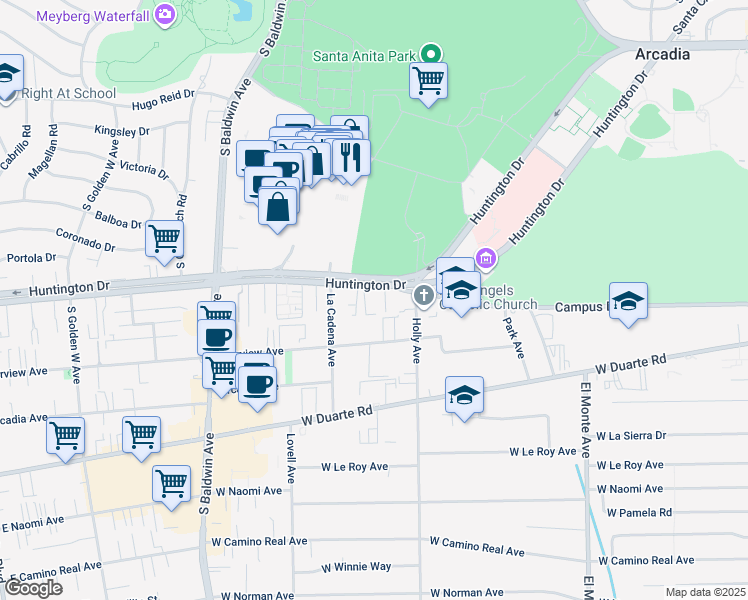 map of restaurants, bars, coffee shops, grocery stores, and more near 444 West Huntington Drive in Arcadia